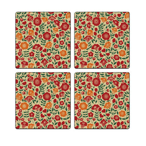 MDF Coasters  4 X 4 INCH |Beautiful Digitally Printed| Set of 4 |red floral pattern