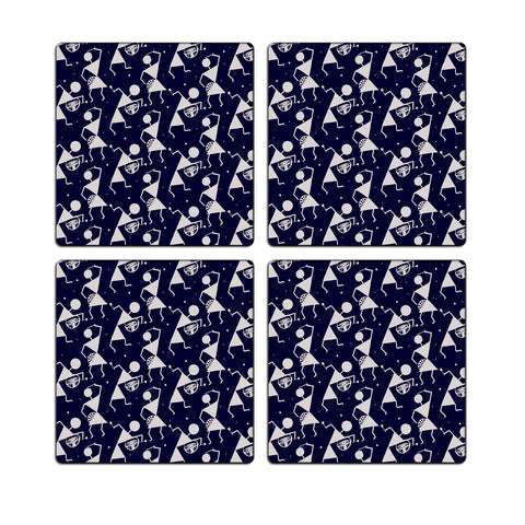 MDF Coasters  4 X 4 INCH |Beautiful Digitally Printed| Set of 4 |warli art blue pattern