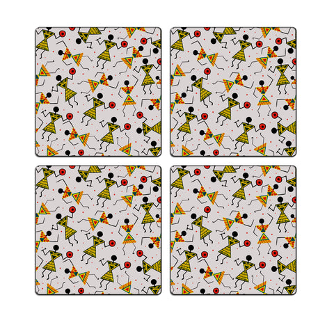MDF Coasters  4 X 4 INCH |Beautiful Digitally Printed| Set of 4 |warli art green yellow pattern