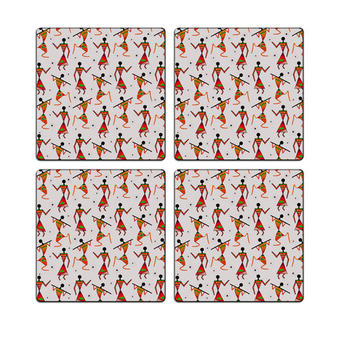 MDF Coasters  4 X 4 INCH |Beautiful Digitally Printed| Set of 4 |warli art orange red pattern